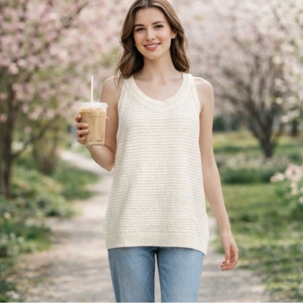 E BY ETCETERA WHITE SLEEVELESS 100% COTTON SWEATER WOMENS XL KNIT SPRING CASUAL